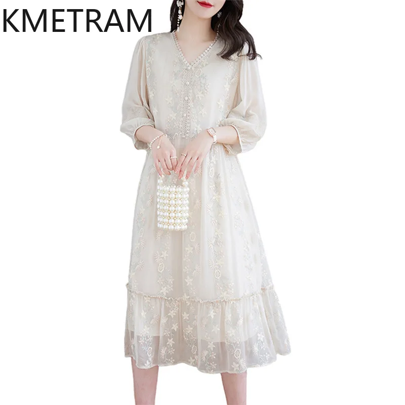 

KMETRAM Heavy Industry Embriodery Mulberry Silk Dresses for Women French A-Line Women's Wear 2024 New Summer Mid Length Dress