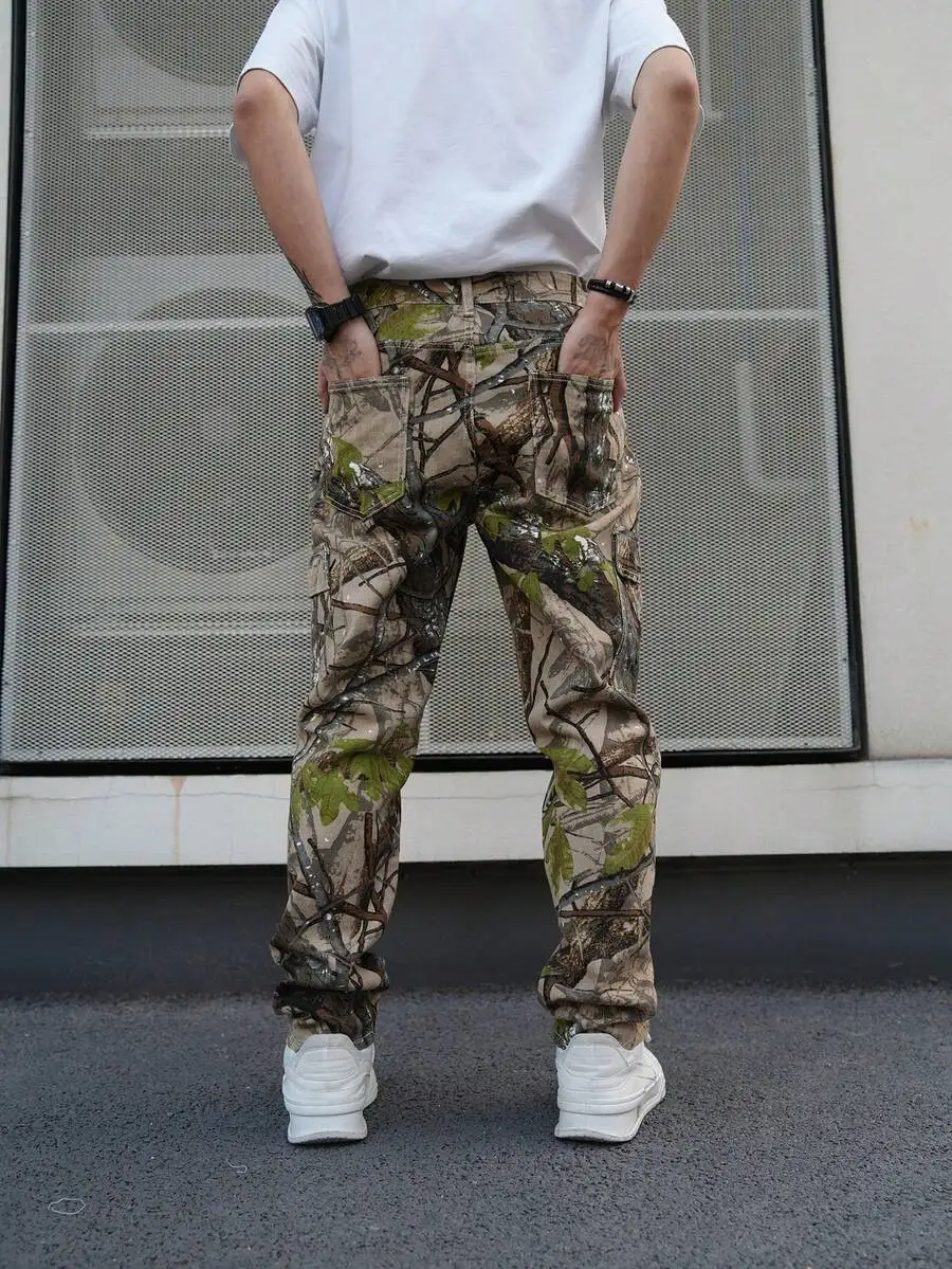 

Mens Camo Printed Cargo Denim Pants Streetwear Hip Hop Casual Pants