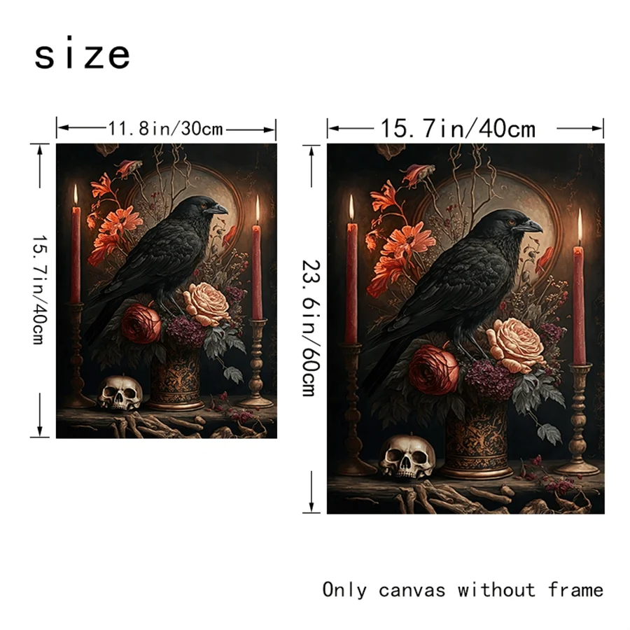 1 قطعة مجردة القوطية قماش جدار الفن |   جمجمة الغراب، طباعة الأزهار والشمعة، بدون إطار |   ديكور مثالي للمنزل #2