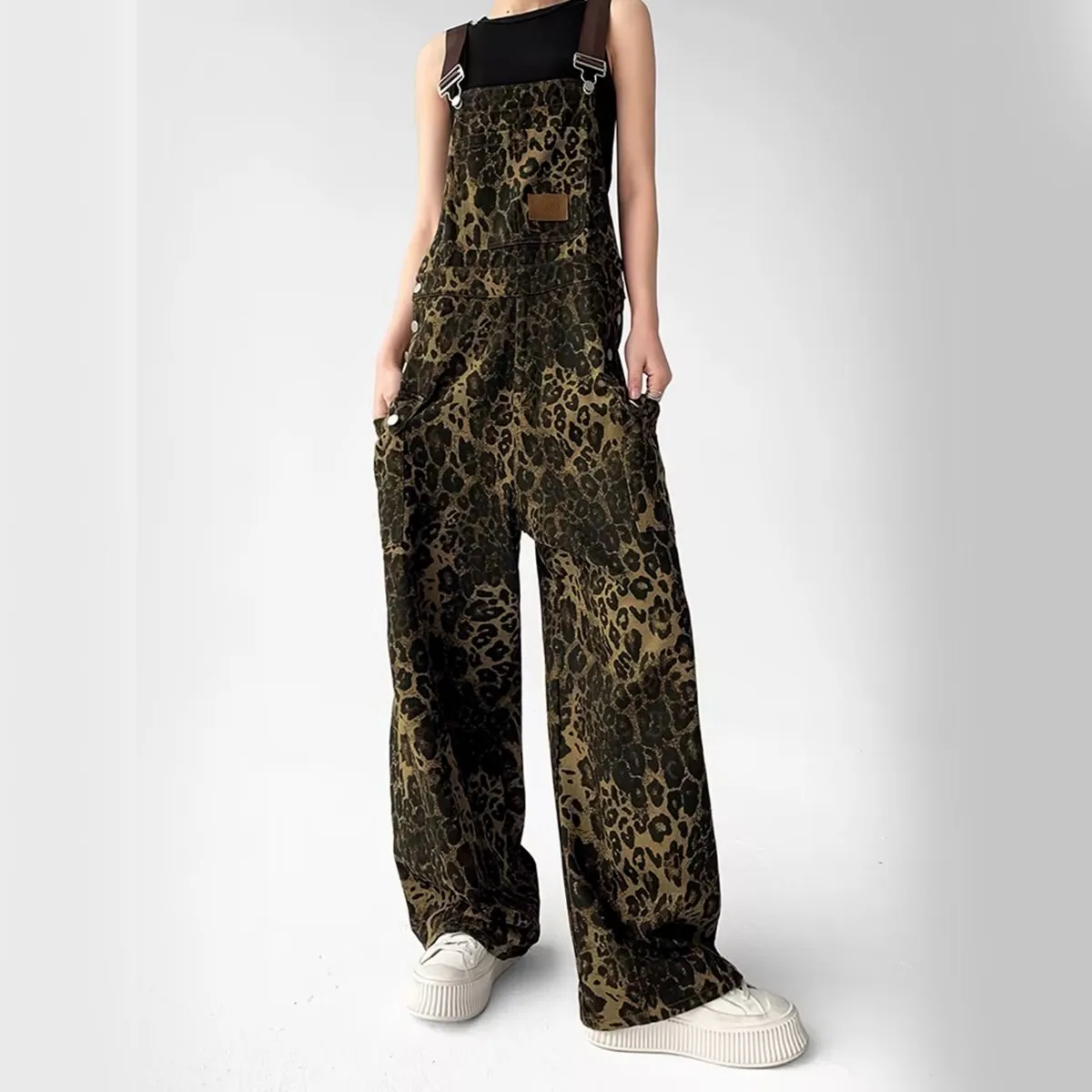 Women's Leopard Print Straps Jeans Straight Vintage Baggy Casual Fashion Wide Leg Pants Denim Trouser Ladies