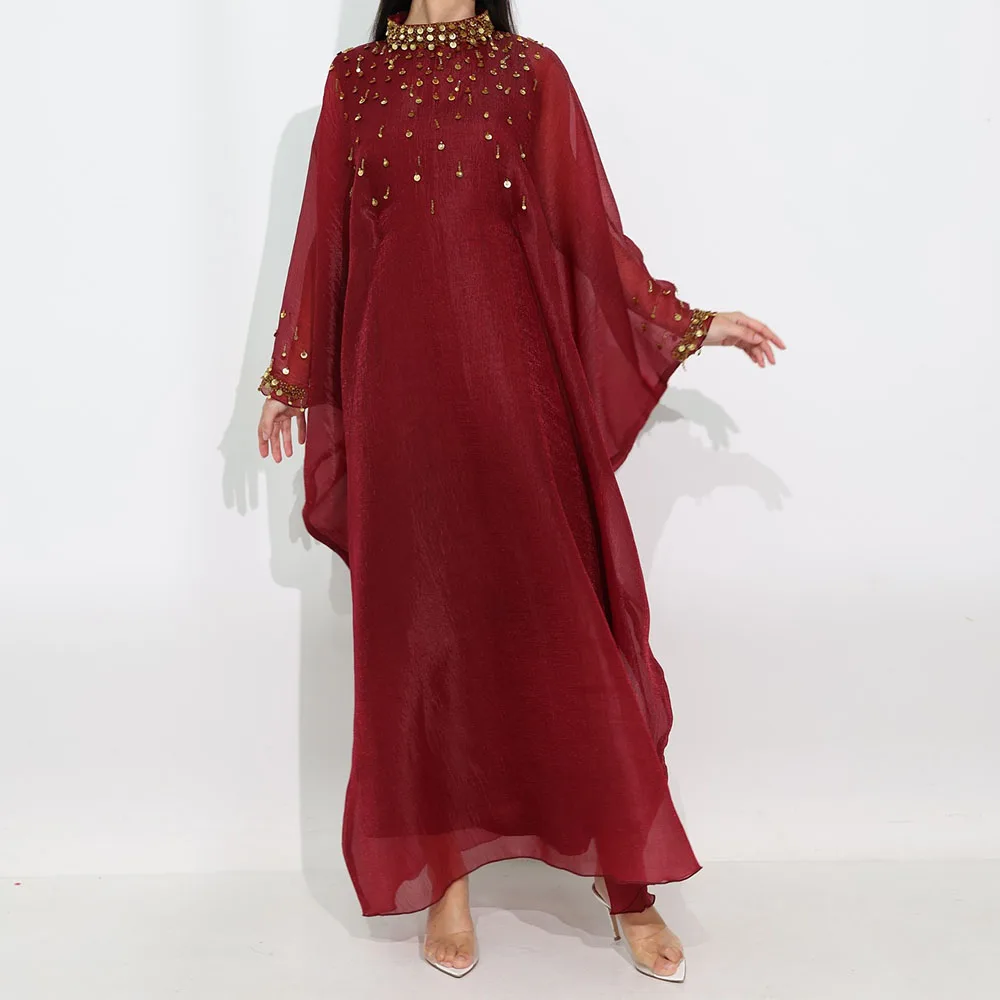 

Customized A-Line Prom Dresses Ankle-Length High-Neck Full Sleeve Evening Gown Fashion Sequined Simple Draped Party Gown