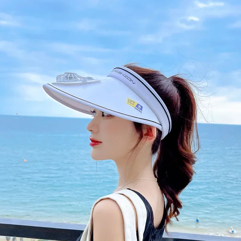 Summer UV Protection Visor Women Beach Hat 3-speed Regulation Electric Fan Empty Top Hat Holiday Sunshade Bicycle Sun Hat