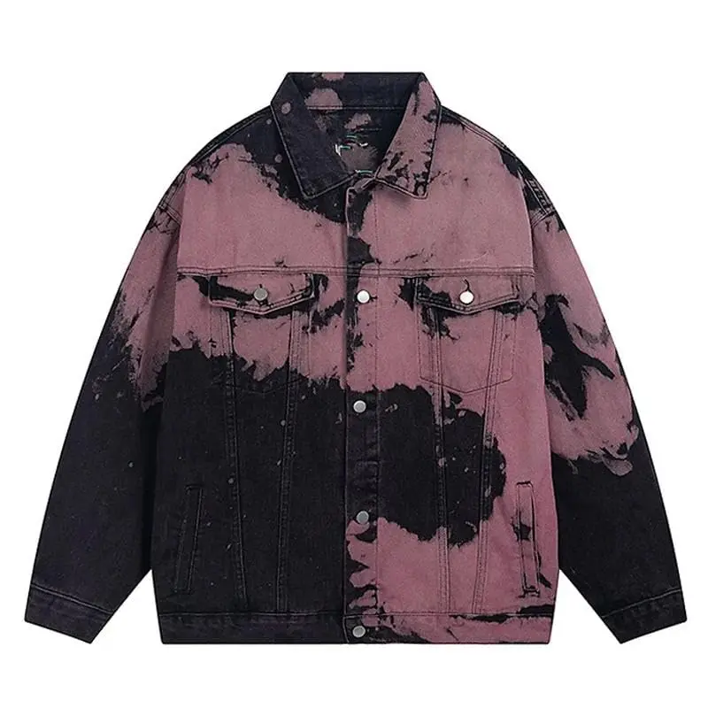 Tie Dyed Loose Denim Jacket Men Spring Autumn Street Patchwork Cowboy Jackets American Multi Pocket