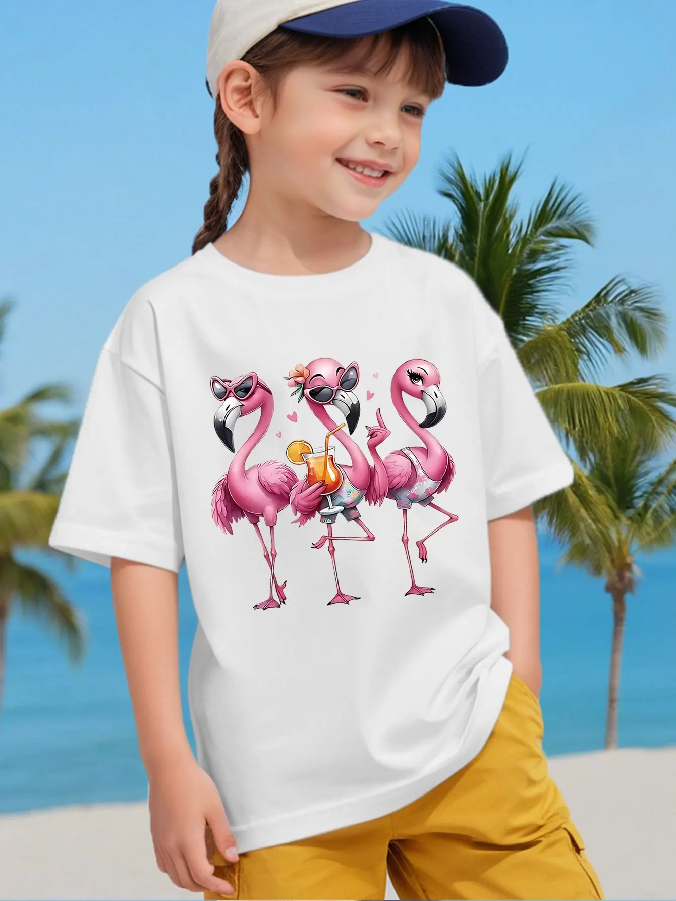 Summer Flamingo Kids Tropical Cartoon Graphic Print Boys Girls Family Matching Cotton Summer Short Sleeve Basic Children Tshirt