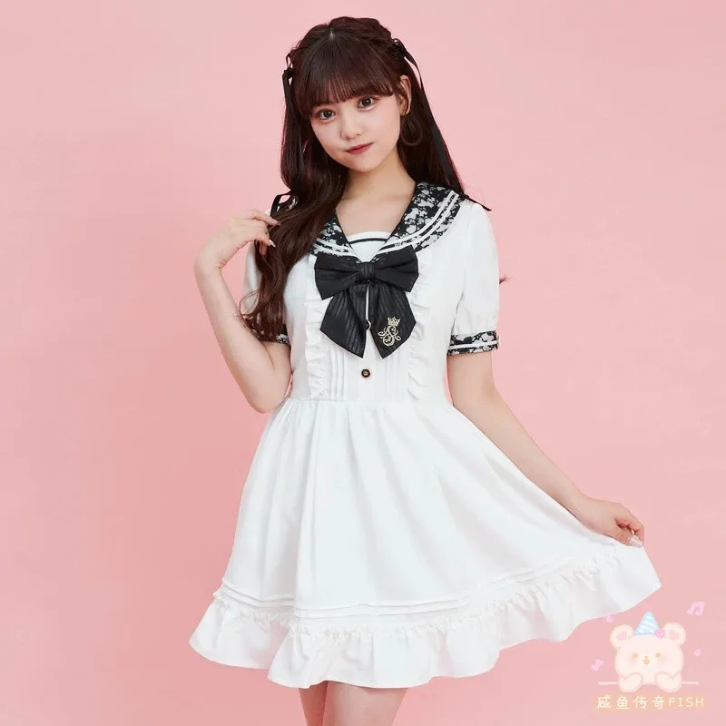 Japanese Style Embroidery Bow Lace Stitching Sailor Collar Short Sleeve High Waist Slim Fit A-line Sweet Cute Short Dress Women