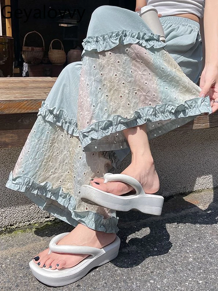 

Sweet Design Blue Fungus Lace Wide-leg Pants Women 2025 Summer New High-waisted Loose Versatile Drape Casual Pants Girls Bottoms