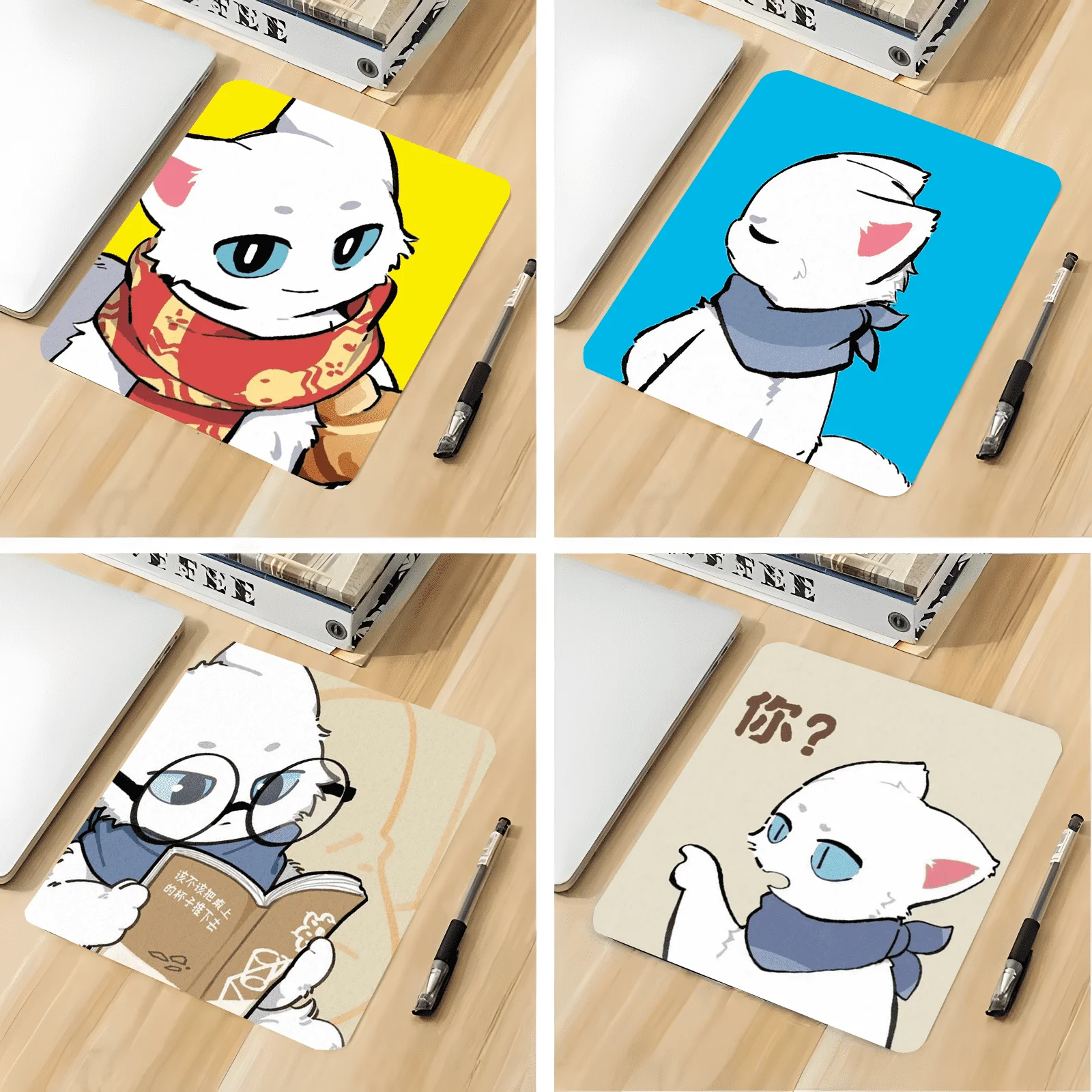 

white Cat mouse pad - Small Office Desk Mat, Mini Non-Slip Mousepad for Laptop, Home Decor Computer Accessory