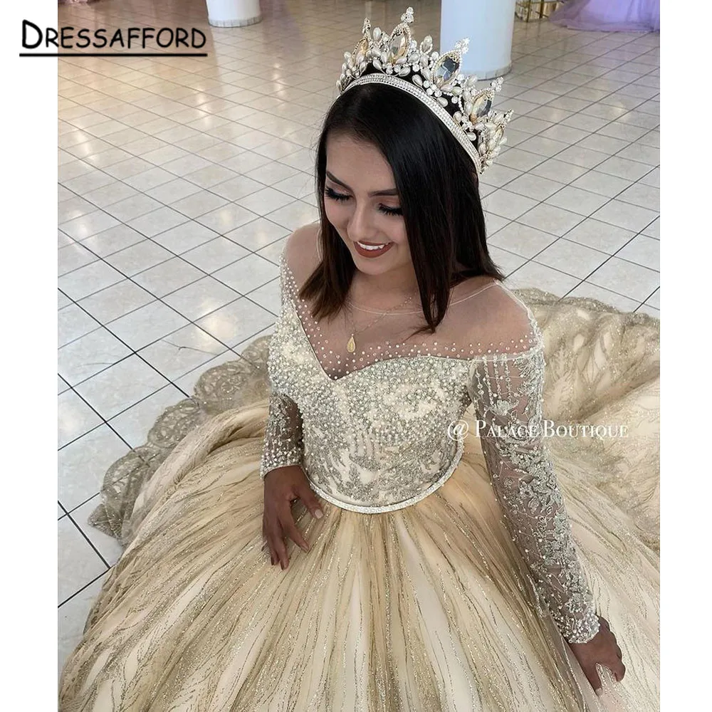 2022 Champagne Lace Quinceanera Dresses Ball Gown Mexican Appliques Princess Masquerade Sweet 15 16 Dress