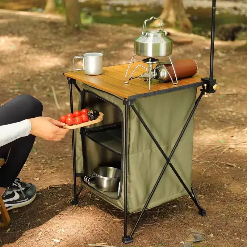 

Outdoor Camping Cooking Cupboard Aluminum Alloy Folding Table Storage Organizer Double Picnic Table Camping Equipment