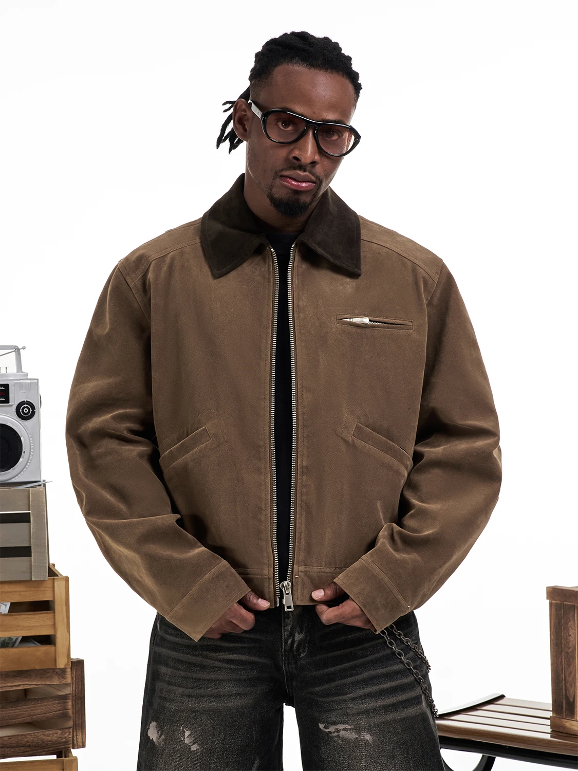 MT99 American Detroit Workwear Jacket Velvet Washed Retro Stand Collar Men's Outerwear Fashionable Loose Fit Four Seasons