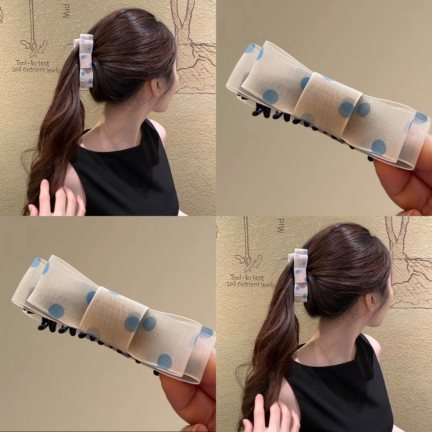presilha-de-cabelo-feminina-retro-com-poas-e-laco-borboleta-presilha-vertical-tipo-banana-acessorio-para-rabo-de-cavalo-alt