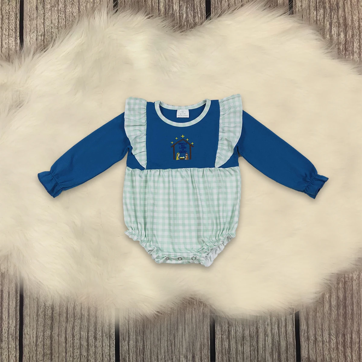 

Infant Christmas Embroidery Clothing Kids Children Long Sleeves Girl Jumpsuit Newborn Toddler Plaid Ruffle Romper Wholesale