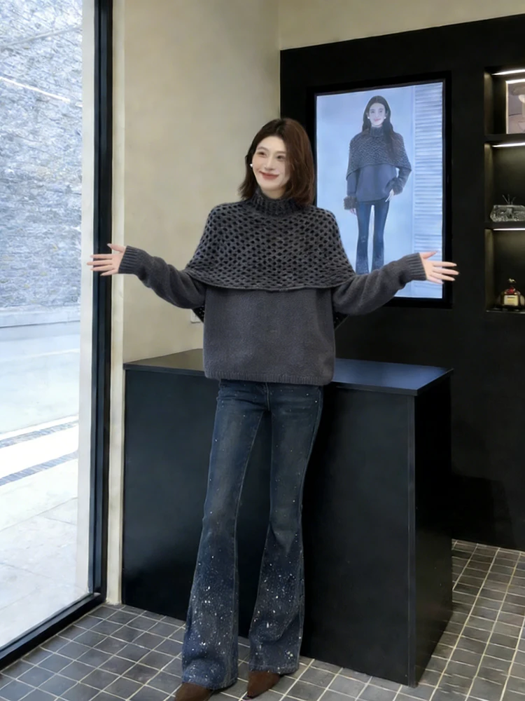 

Женский модный комплект из свитера с вырезом-каулов и джинсов, весенняя коллекция, костюм из двух предметов