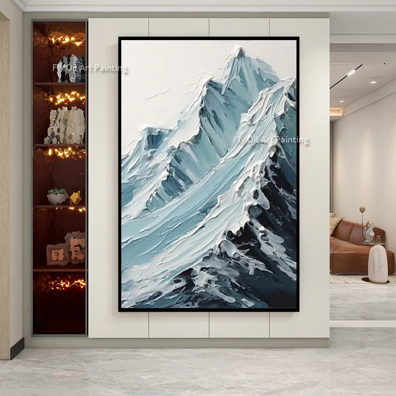 Hand Painted Impasto Snow Mountain Oil Painting, Thick Texture Blue Mountain Canvas Wall Art, Modern Nature Entryway Decor