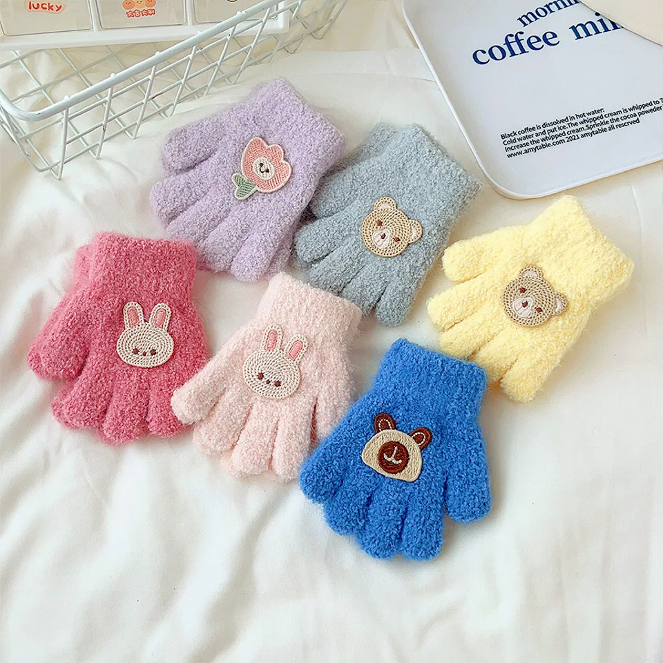 

Cute Bear Baby Plush Gloves Winter Kids Full Finger Mittens Thick Velvet Children Knitted Gloves 1-3Year Boys Girls Hand Warmer