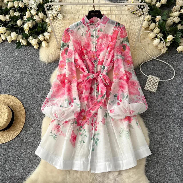 2025 vacaciones de primavera precioso Vestido de Organza de flores mujeres linterna de manga larga con cuentas botón estampado Floral cinturón con cordones Vestido bohemio