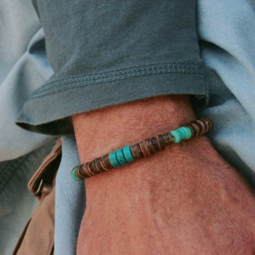 Retro-Armband aus Kokosnuss- und Holzperlen, Bohemian-Stil, Imitation grüner Natursteine, Herrenarmband, modischer Damenschmuck und Accessoires – Detail 2