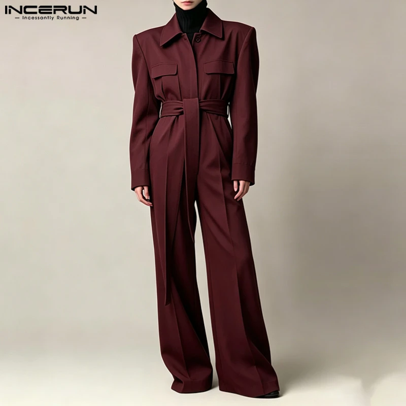 INCERUN Men's Jumpsuits Solid Color Lapel Long Sleeve Casual Lace Up Rompers For Man With Belt Streetwear Fashion Male Overalls