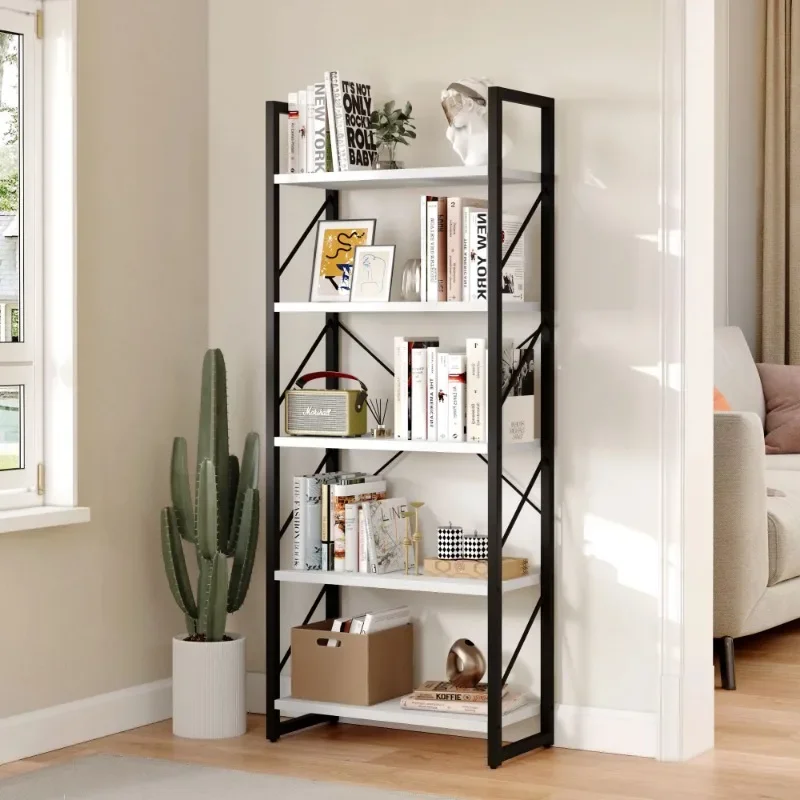 5-Tier Bookshelf Sturdy Wood Storage Bookcase Shelves with Metal Frame Plant Display for Living Room Office, White