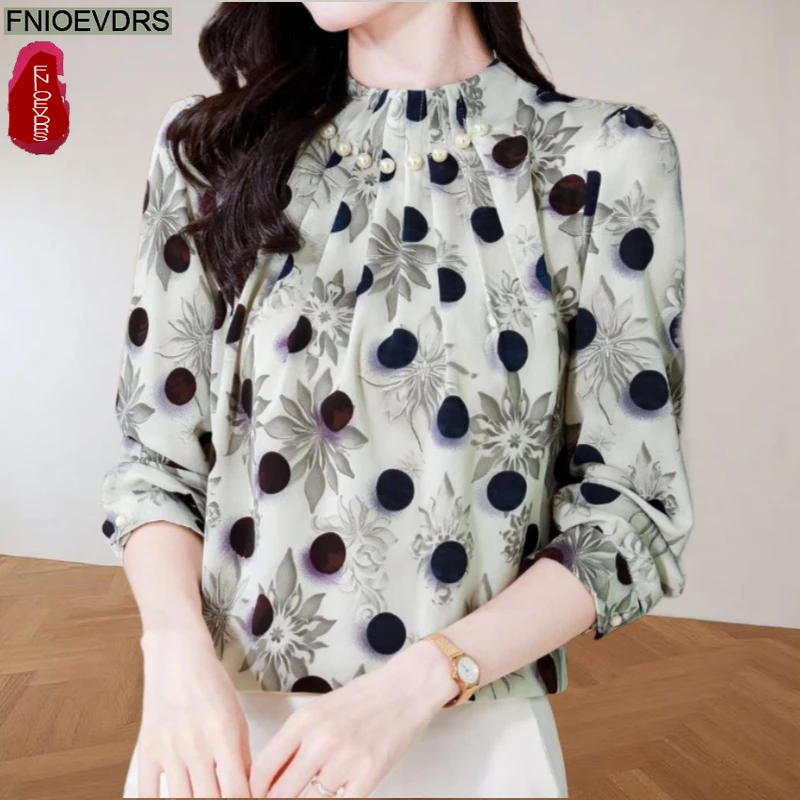 

Elegant Beaded Tops Blouses European Style Design Women 2025 Autumn Long Sleeve Office Lady Stand Collar Floral Print Dot Shirts