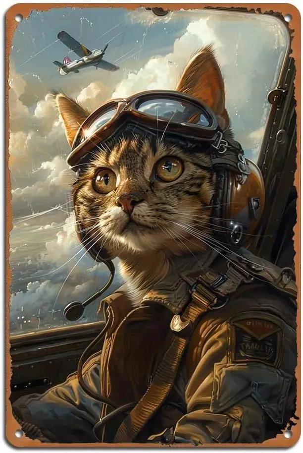 1pc Aluminum Cat Pilot Retro Vintage Metal Tin Sign, Funny Aviation-Themed Wall Decor for Home, Restaurant, Bar, and Cafe, Pre-d