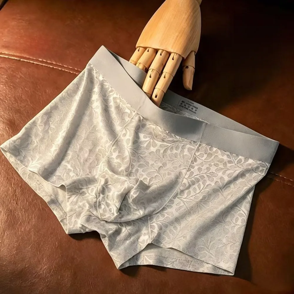 Smooth Mesh Thin Boxer Shorts U Convex Pouch See Through Ice Silk Briefs Hollow-out Lace Underpants Men