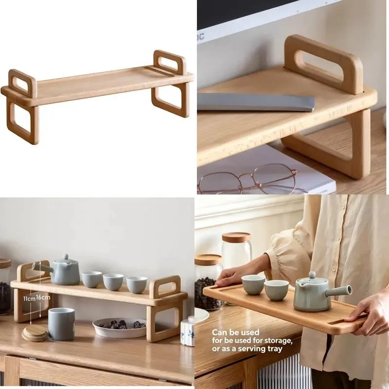 Solid Wood Removable Storage Rack Dual Purpose Computer Stand and Tea Set Organizer Stable Practical Desktop Shelf