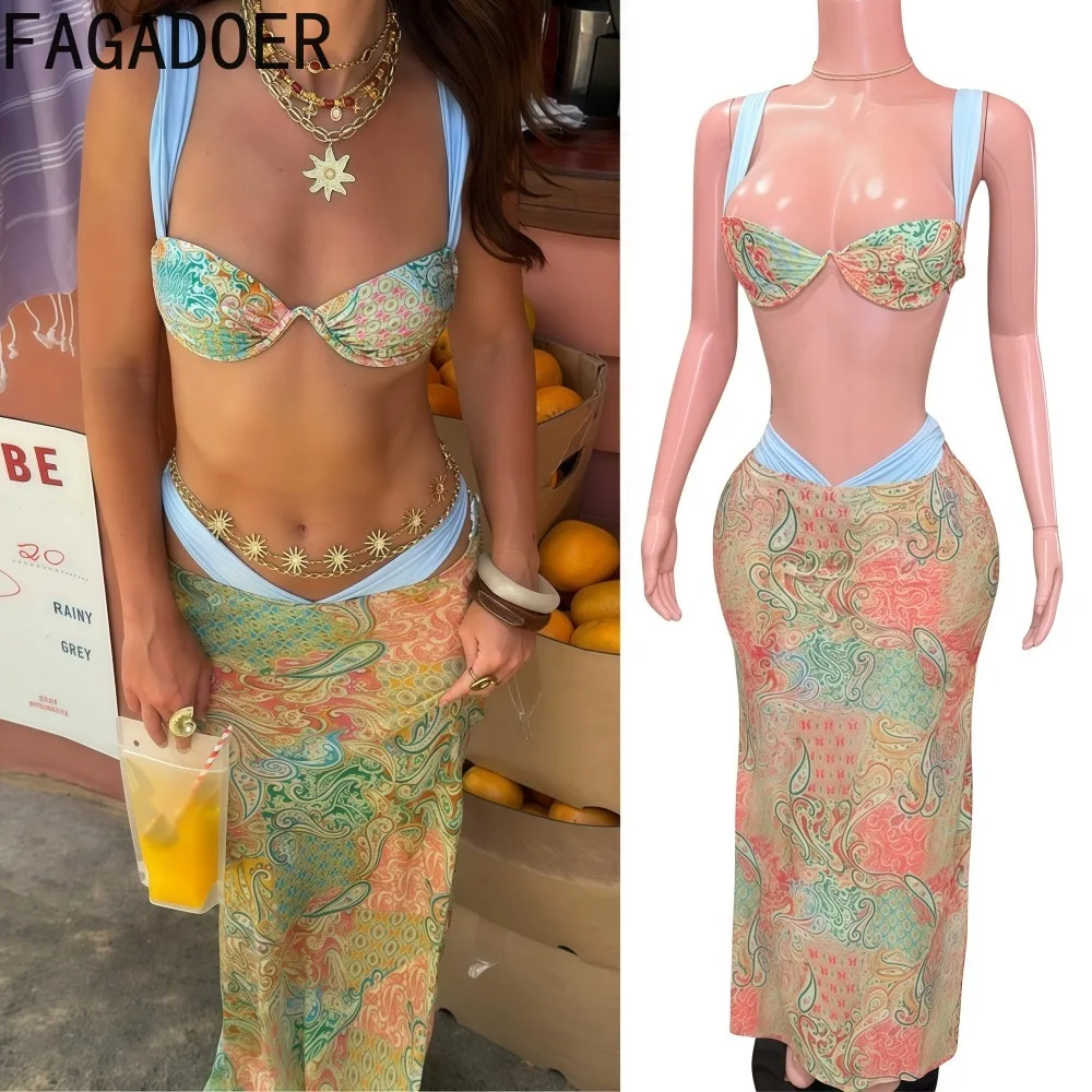 FAGADOER Summer New Sexy Colorful Print 2 Piece Sets Woman Outfit Bohemian Vacation Beach Style Strap Bra Top + Maxi Skirts Suit