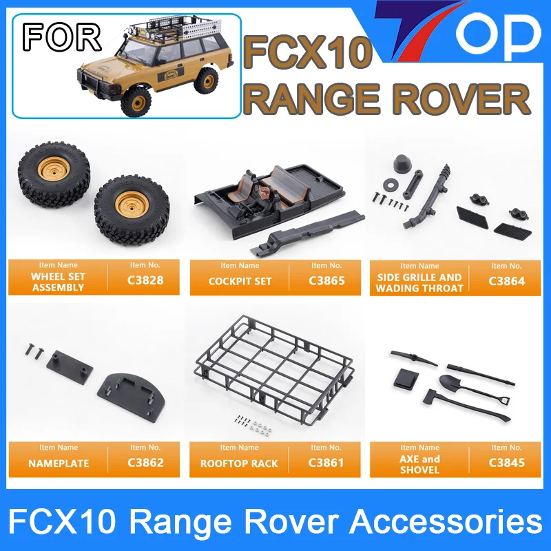FMS1/10 FCX10 Range Rover Camel Trophy Original Spare Parts Car Body Bumper Mirror Wiper Light Cup Decal Rooftop Rack Upgrade