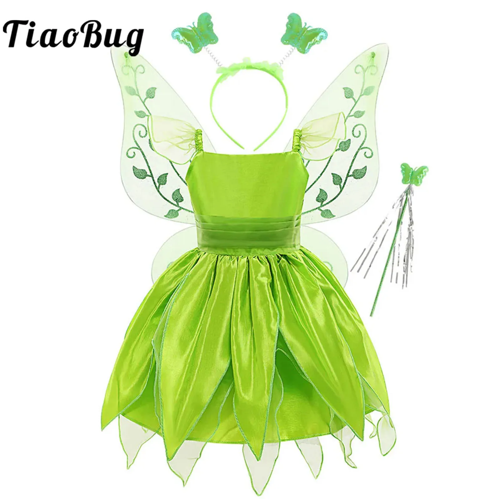 

Kids Girls Fairy Elf Princess Tutu Dress Green Mesh Tutu with Hair Hoop Wand Wings Set for Halloween Party Fancy Dress Up