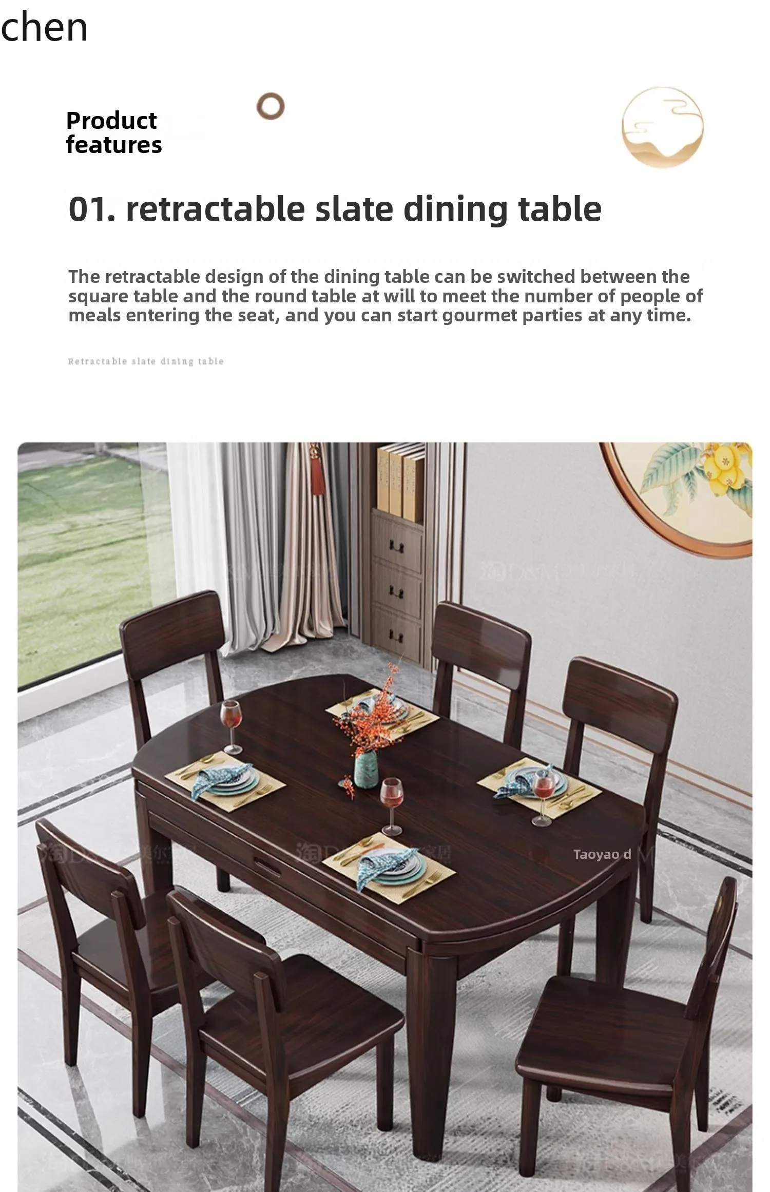 QZT rock slab folding dining table telescopic combination purple gold sandalwood small apartment household round dining table