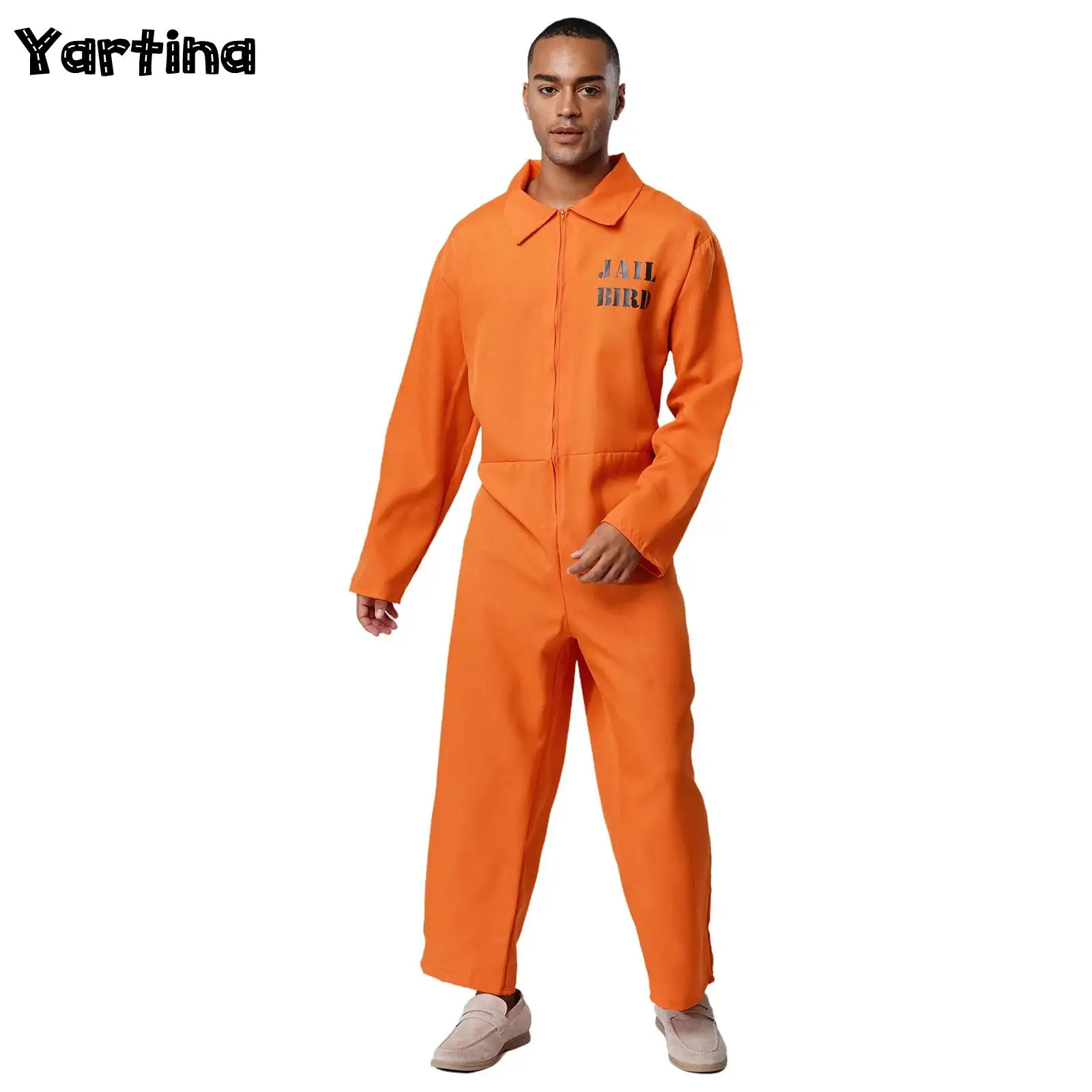

Mens Womens Halloween Orange Jail Overalls Prisoner Jumpsuit Convict Cosplay Costume Lapel Jailbird Unitard Inmate Jail Uniform