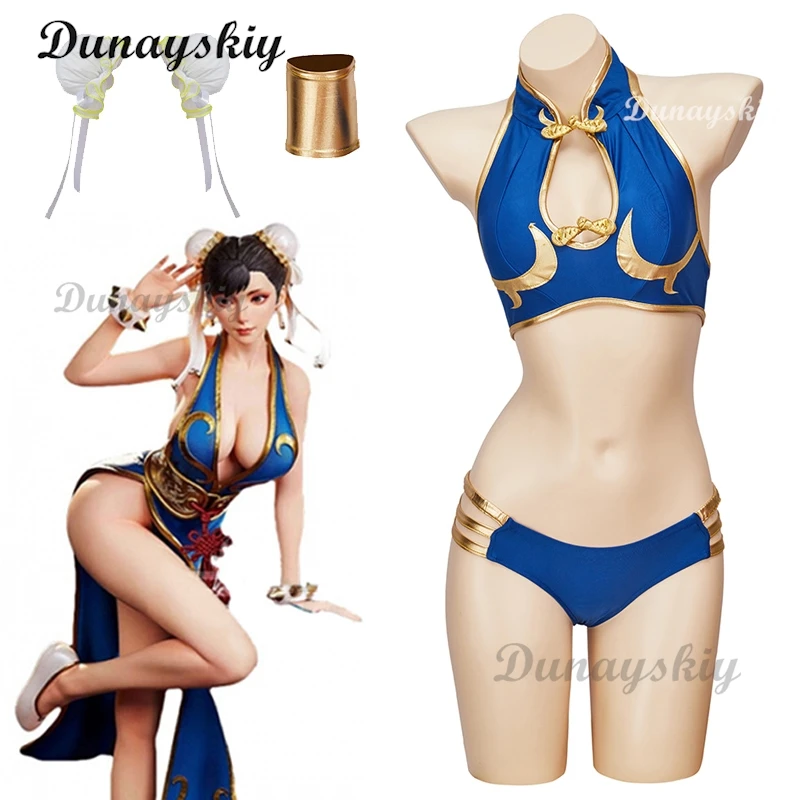 

Костюмы для косплея Chun Li, голубое пикантное бикини, игровая униформа, купальник, Женский костюм для Хэллоуина и вечеринки