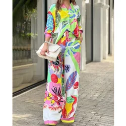 Conjunto estampado colorido de duas peças para mulheres, camisas soltas de manga comprida, calças de pernas largas, roupas femininas, moda da moda