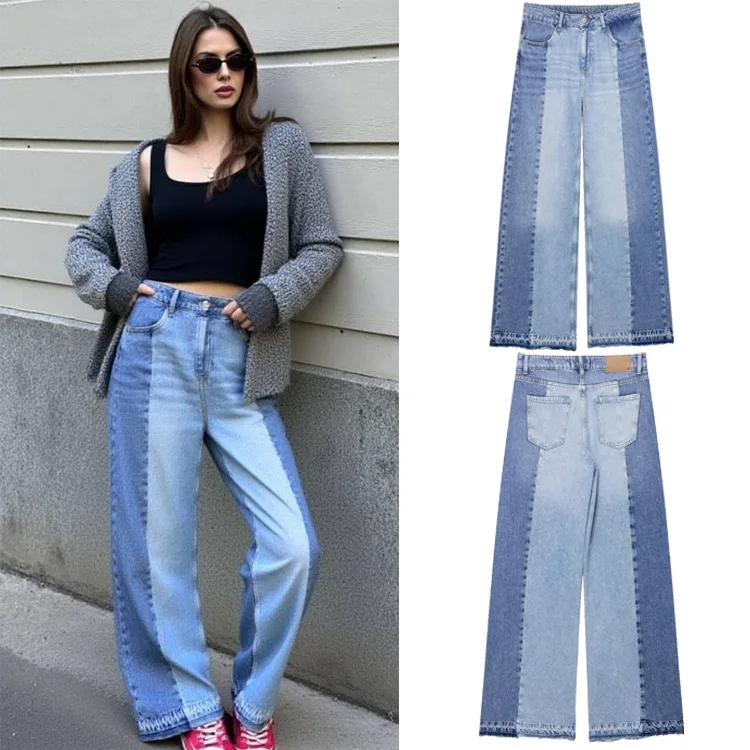 

High Waist Wide Leg Pants Elegant Street Straight Denim Pants Vintage Women's Patchwork Jeans Female Zipper Button Pocket Pant