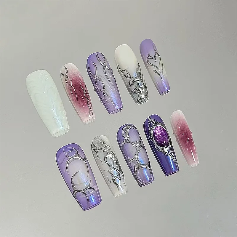 

24PCS Y2k Medium Coffin False Nails with Glue Purple Gradient French Fake Nails Sweet Cool Metallic Silver Pattern Press on Nail