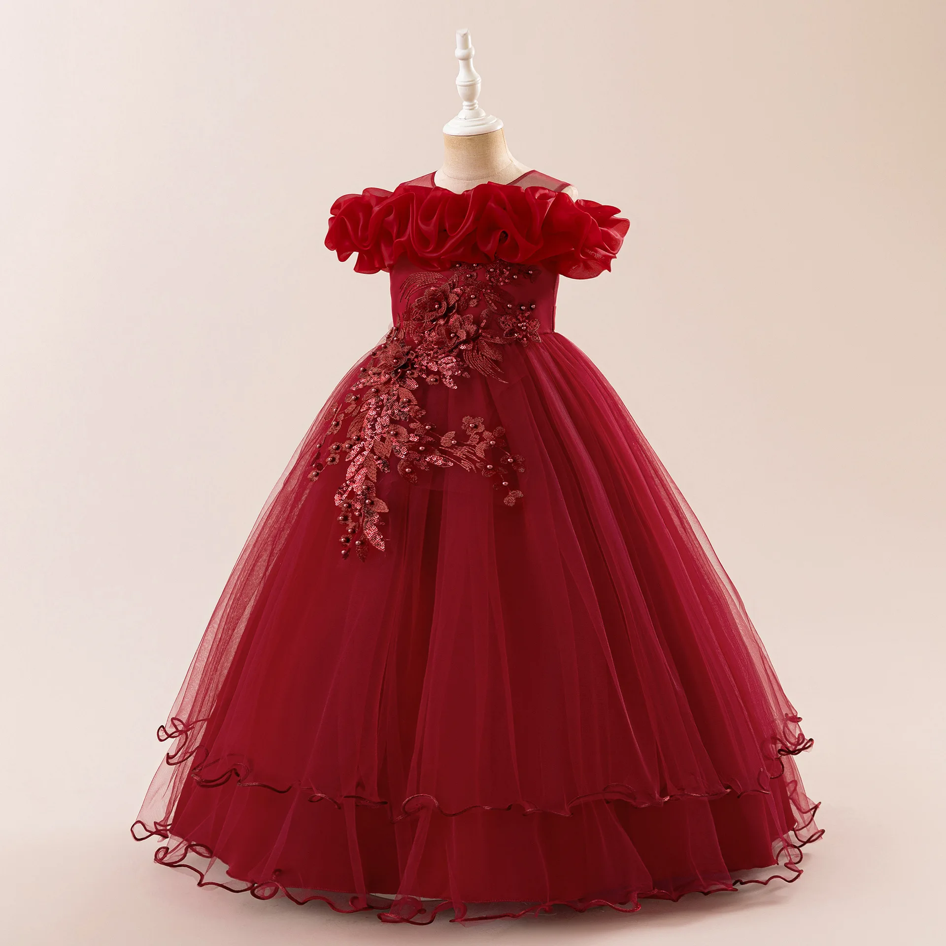 

Children's Beading Flower Off-Shoulder Wedding Flower Princess Dress For Teenage Girls Birthday Party Prom Christmas Long Gown