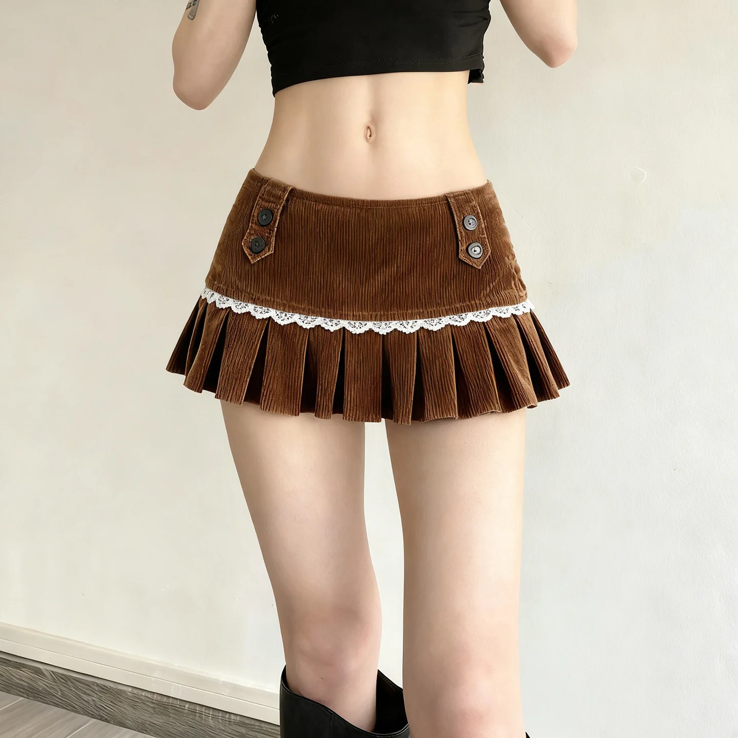

2026 Pastoral Style Lace Patchwork Corduroy Mini Skirt Low Waist Slim Fit Pleated Skirt for Spring/Autumn/Winter
