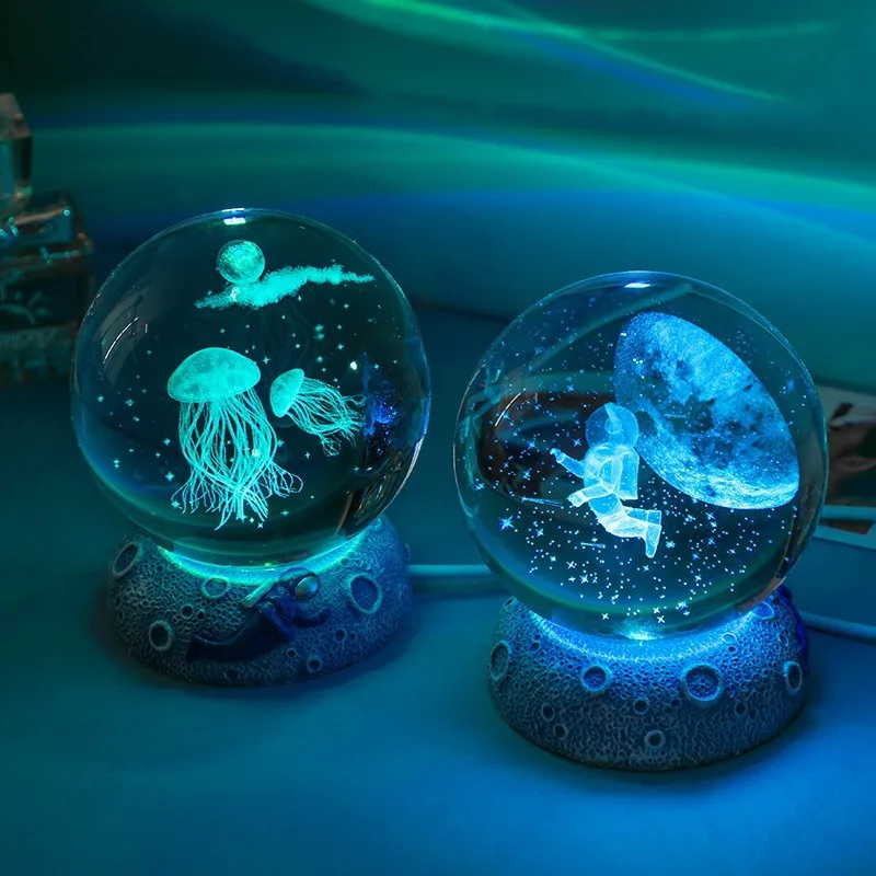 Creative 3D Carved Crystal Ball Jellyfish Astronaut Bedside Ambient Light Emitting Resin Base Desktop Ornament Birthday Gift