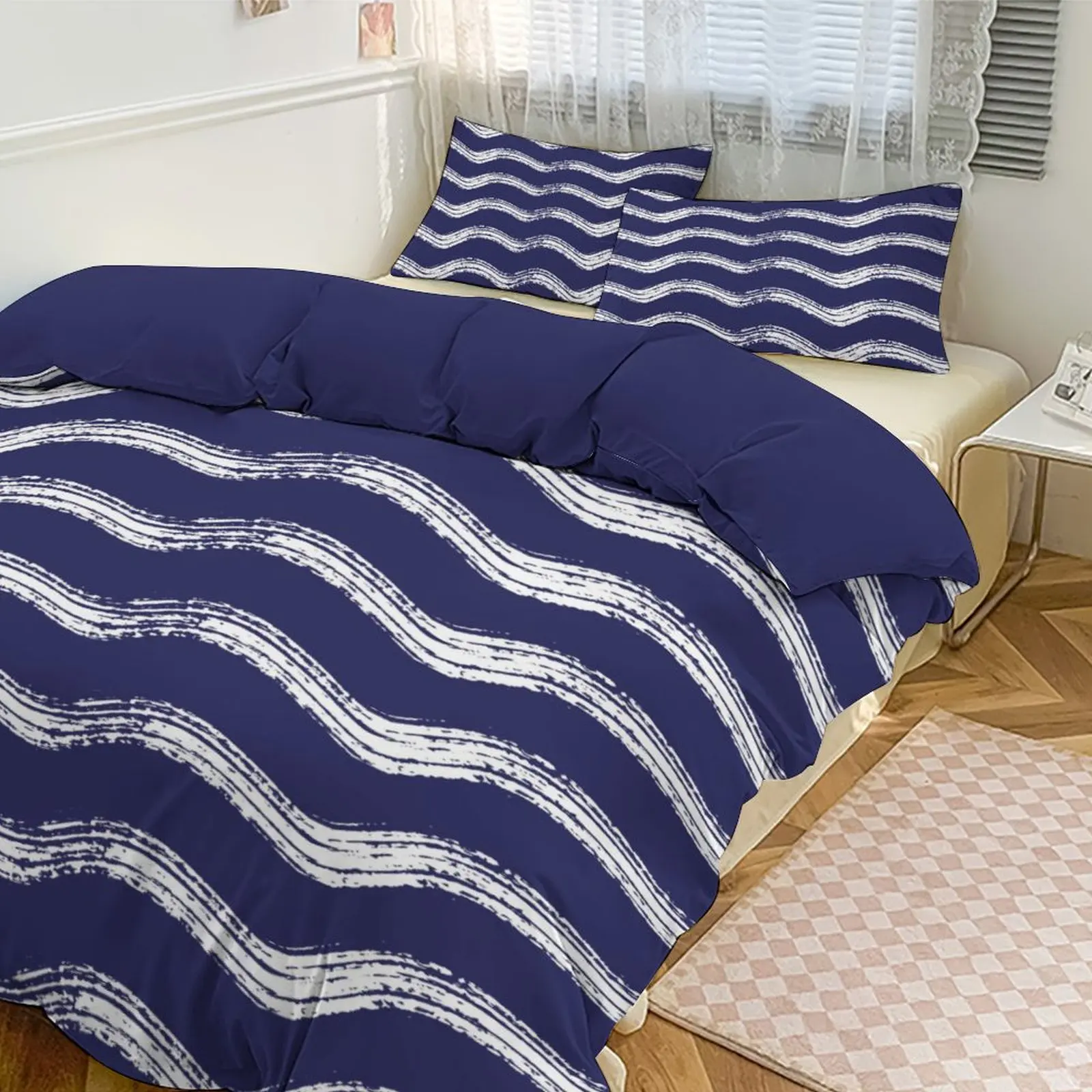 

Thickened Skin - friendly Wavy Striped Bedding Set, Duvet Cover + 2 Pillowcases, Comfortable & High - Quality