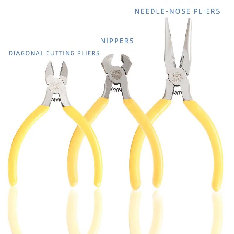 

Clock repair tools, including pointed nose pliers, mini flat nose pliers, top cutting pliers, diagonal pliers, and bent nose pli