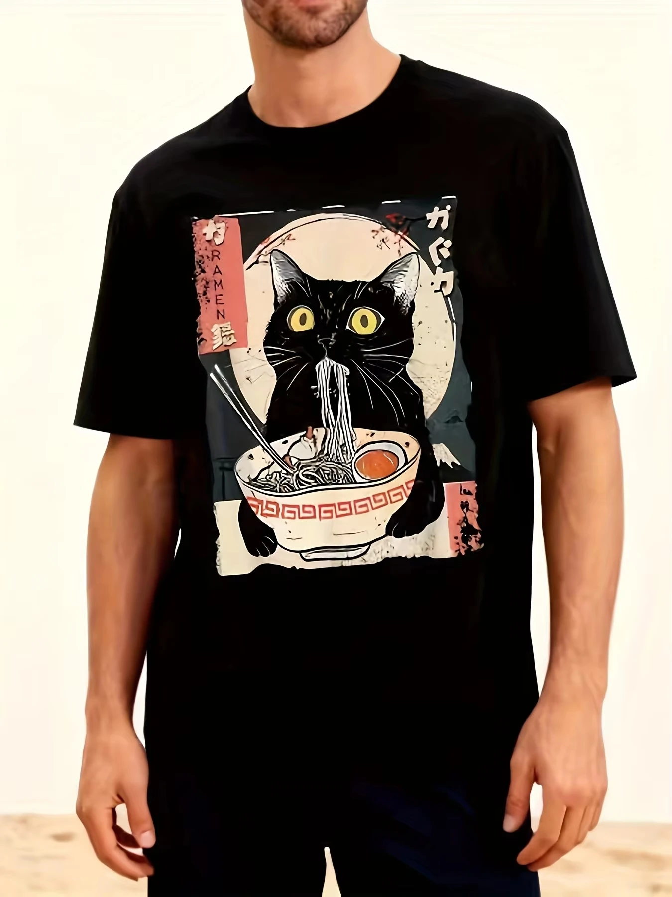 Summe Japanese Eating Ramen Pattern T-shirt Men Round Neck Short Sleeve Casual Style 100% Cotton Material Comfortabl Casual Wear