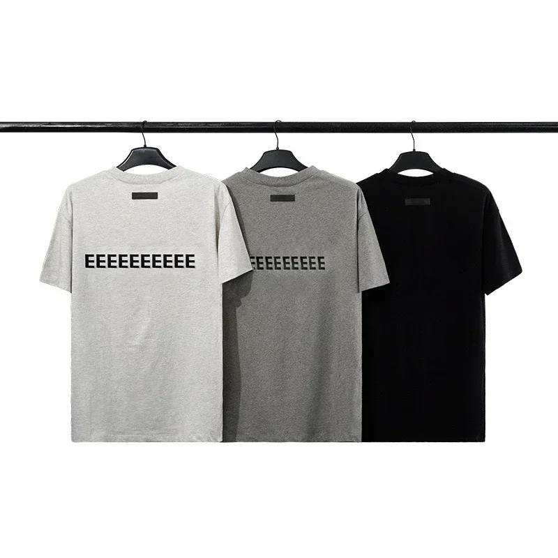 Classic Double Line Loose T-shirt Back Two Rows Flocking Letters Logo Men's Short Sleeved Fashion Couple High Street Top T-shirt