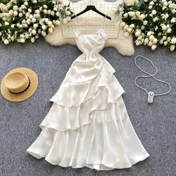 Elegant Asymmetrical Ruffle Satin Sexy Sleeveless Chic Straps Fashion Slim Fairy Slip Dress French Vacation High Street Clothing