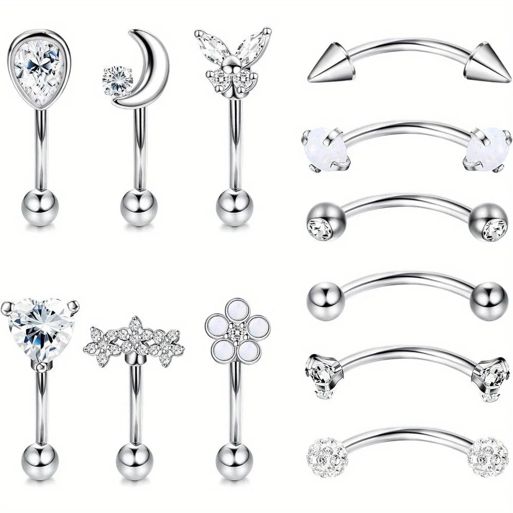 BESTEEL 1Pc 16G Stainless Steel Curved Barbell Eyebrow Ring Rook Daith Cartilage Earrings Labret Lip Monroe CZ Belly Button Ring