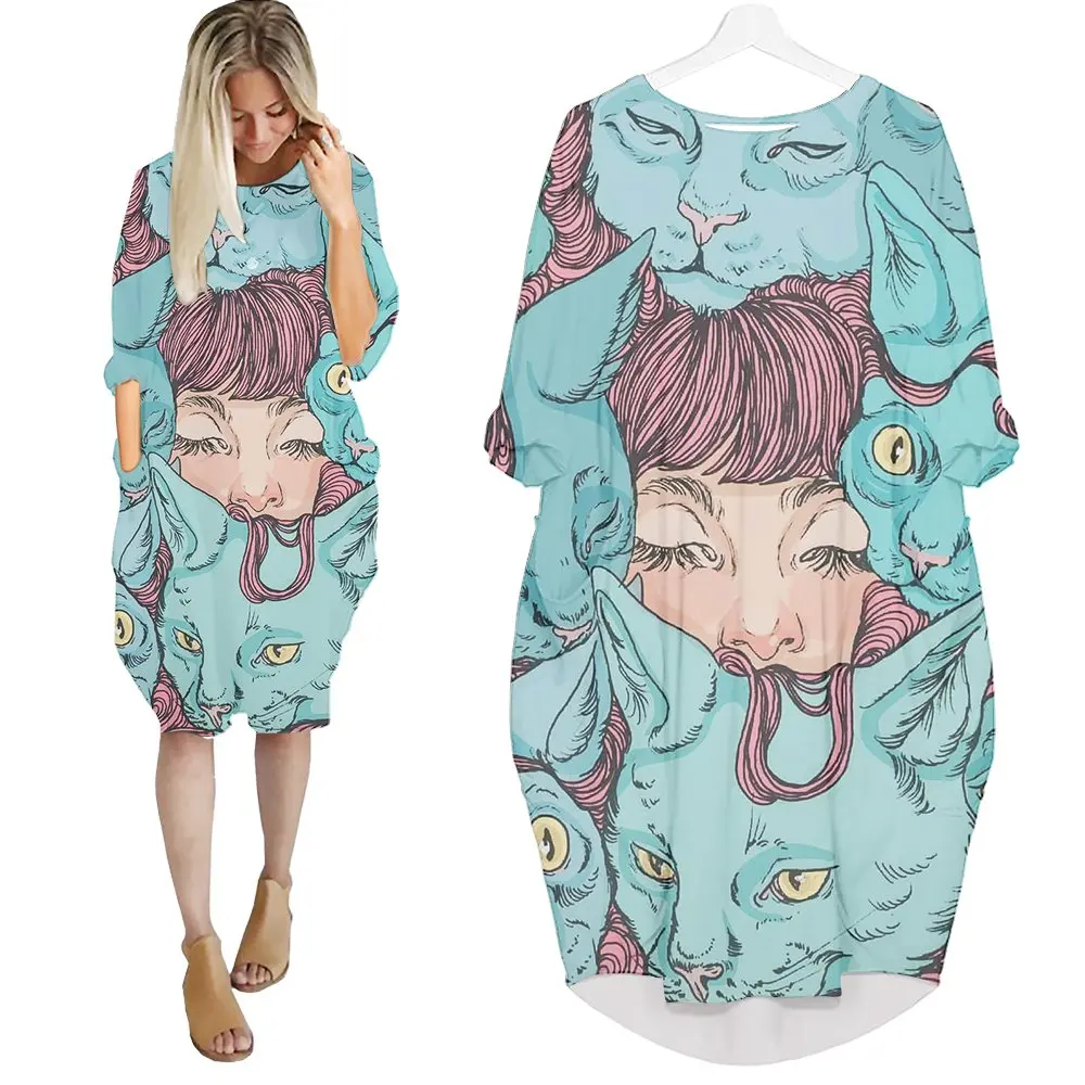 

Jumeast Women 3D Batwing Pocket Dress Plus Psychedelic Colorful Bule Cats Harajuku Punk Pullover Dresses Summer Skirt Nightdress