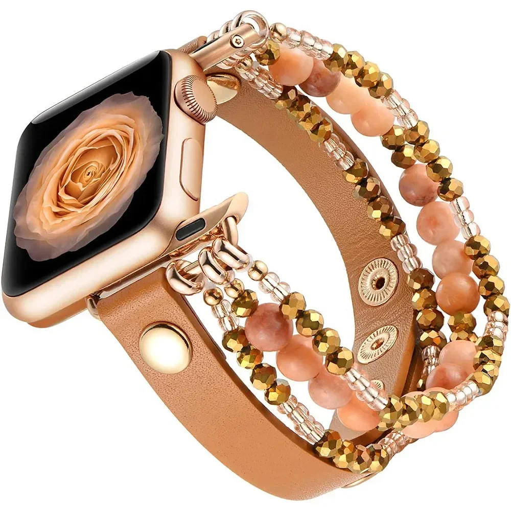 Bracelet Band For Apple Watch Strap 49mm 40mm 38mm 41mm Women Elastic Beaded Leather Strap Iwatch SE Series Ultra 8 7 6 5 4 3 2