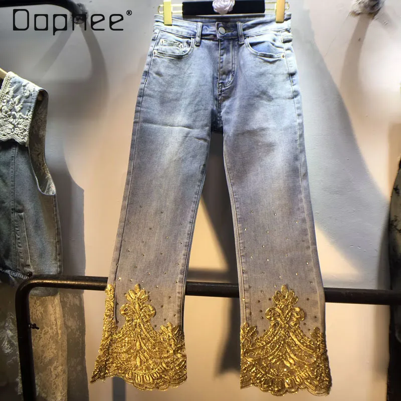 

2025 Spring and Summer New Trousers Splicing Hot Diamond Lace High Waist Slim and Thin Nine-point Jeans Women's Pants Jeans