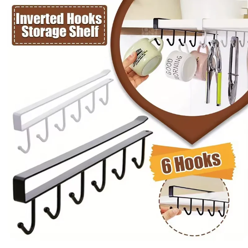 6 Hook Coffee Cup Mug Holder Black White Hooks Shelf Multifunction Kitchen Cabinet Sundries Organizer Storage Hanger