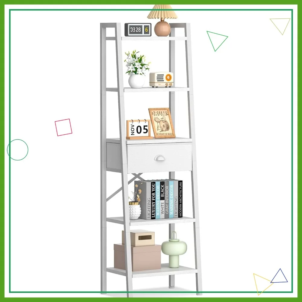 

5-Tier Ladder Bookshelf with Drawer, Industrial Storage Shelf for Living Room, Bedroom, Kitchen & Bathroom